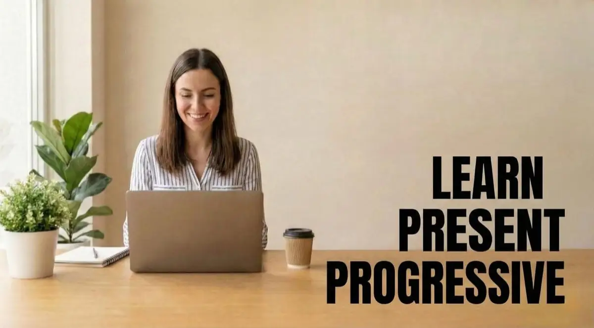 אישה לומדת במחשב רשום Learn Present Progressive