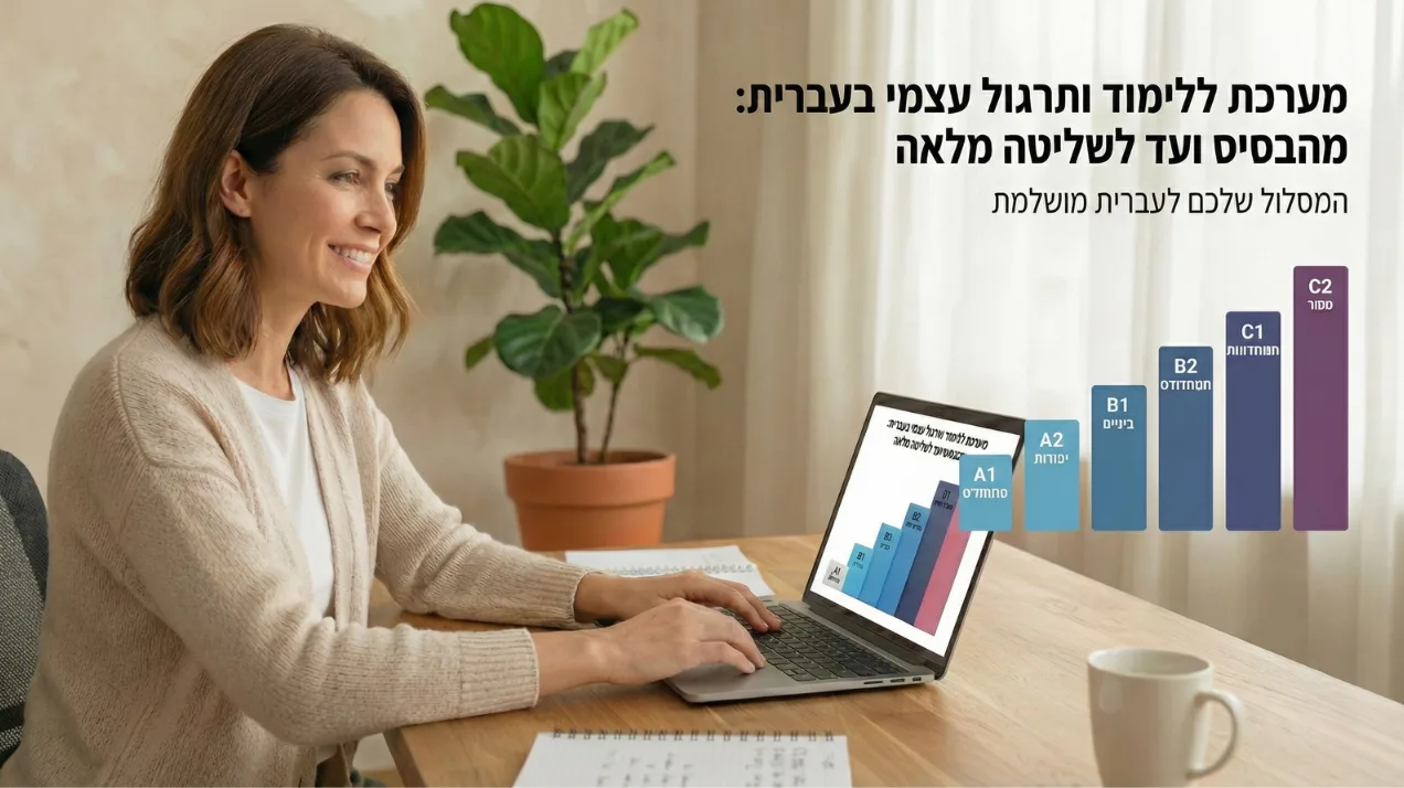 אישה מחייכת לומדת עברית במחשב נייד