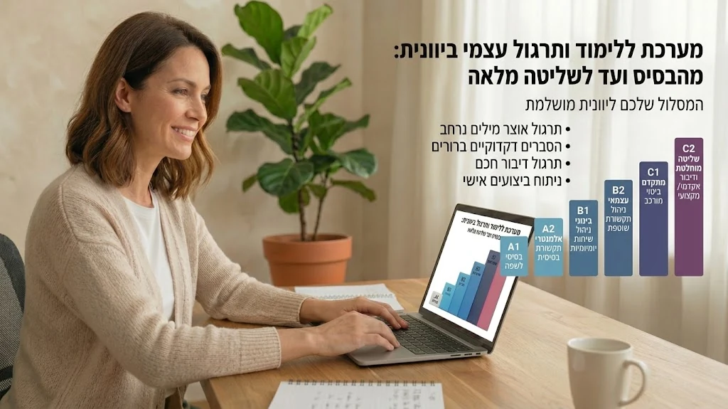 אישה מחייכת יושבת מול מחשב נייד, עם כיתוב בעברית: מערכת ללימוד ותרגול עצמי ביוונית, מהבסיס ועד לשליטה מלאה. בתחתית התמונה דיאגרמת עמודות המציגה את רמות השפה לפי תקן CEFR, מ-A1 ועד C2