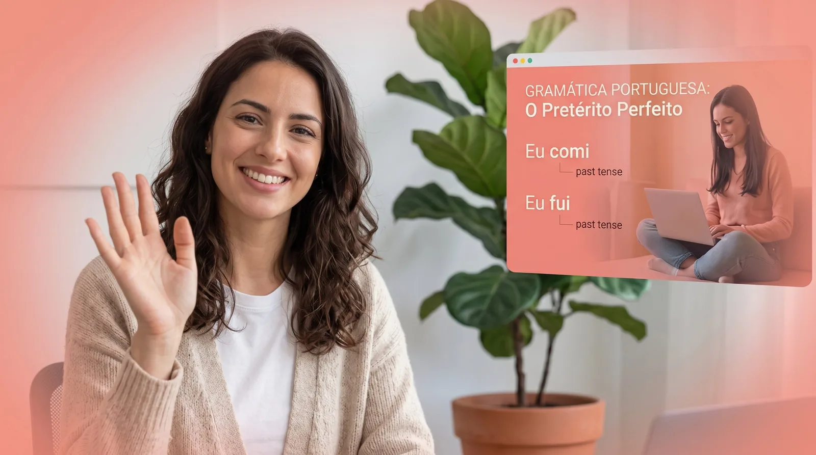 מורה לפורטוגזית מחייכת ומנופפת לשלום, לצד שקופית דקדוק על זמן העבר Pretérito Perfeito